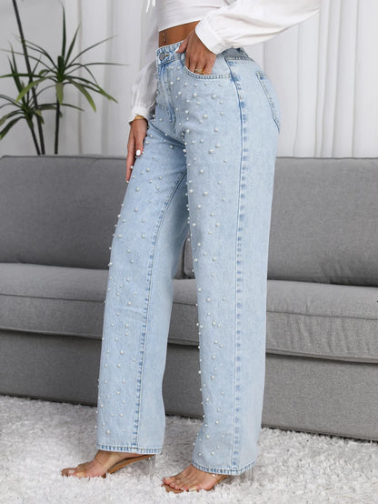 Women Straight-Leg Denim Jeans with Fashion Faux Pearl Detail
