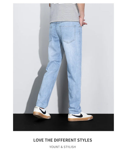 Men's Ice Silk Denim Cargo Pants Summer New Thin Business Casual Jeans Outdoor Y2K All Match Slim Fit Straight Elastic Jean Male