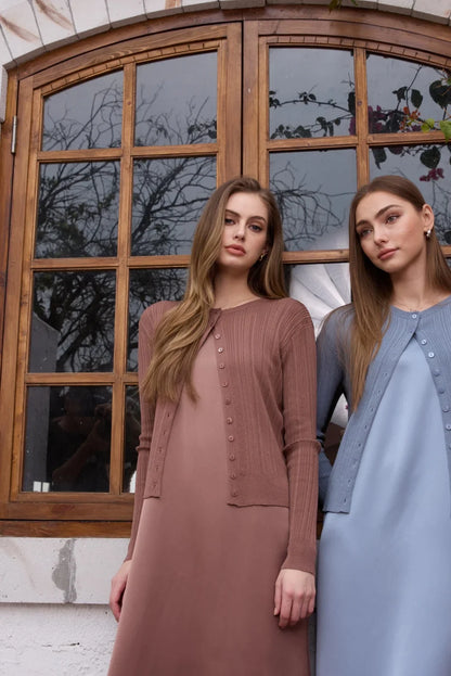 Lace slip satin dress + lace satin skirt +knitting vest + knitting cardigan collection woman dressy outfit