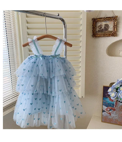 New Summer Baby Girls Party Dress Sleeveless Spaghetti Strap Love Heart Layered Princess Dresses for 3-7Year Old Kids E2310