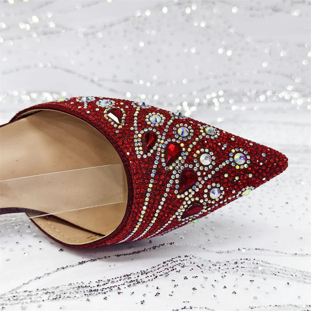 2025 Elegant Rhinestone Pointed Toe Pumps With Matching Bag Set Large Size shoes Big Bag for Women's Party High Heels