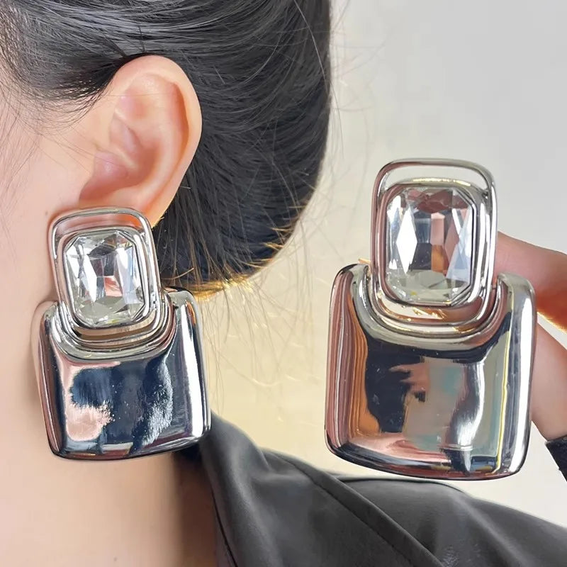Vintage Exaggerated Metal Square Geometric Crystal Large Earrings for Women European American Personality Party Heavy Jewelry