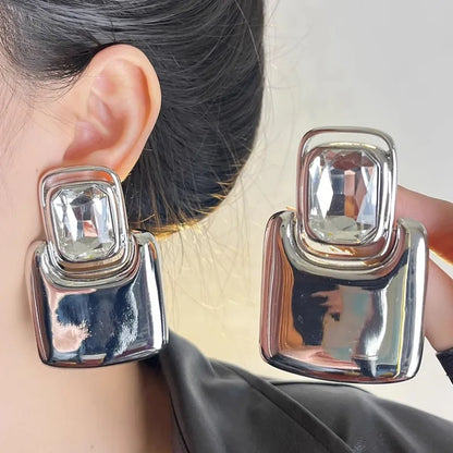 Vintage Exaggerated Metal Square Geometric Crystal Large Earrings for Women European American Personality Party Heavy Jewelry