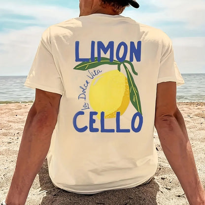 Men's 100% pure cotton fashionable casual loose sports LIMON CELLO pattern printed round neck short sleeved T-shirt top