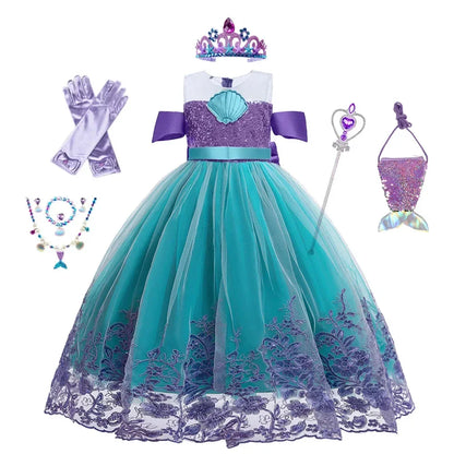 Vestido Ariel Pequena Sereia Princesa Fofa Menina Fantasia Cosplay Infantil Roupa de Festa Aniversário Halloween Vestido de Verão Menina