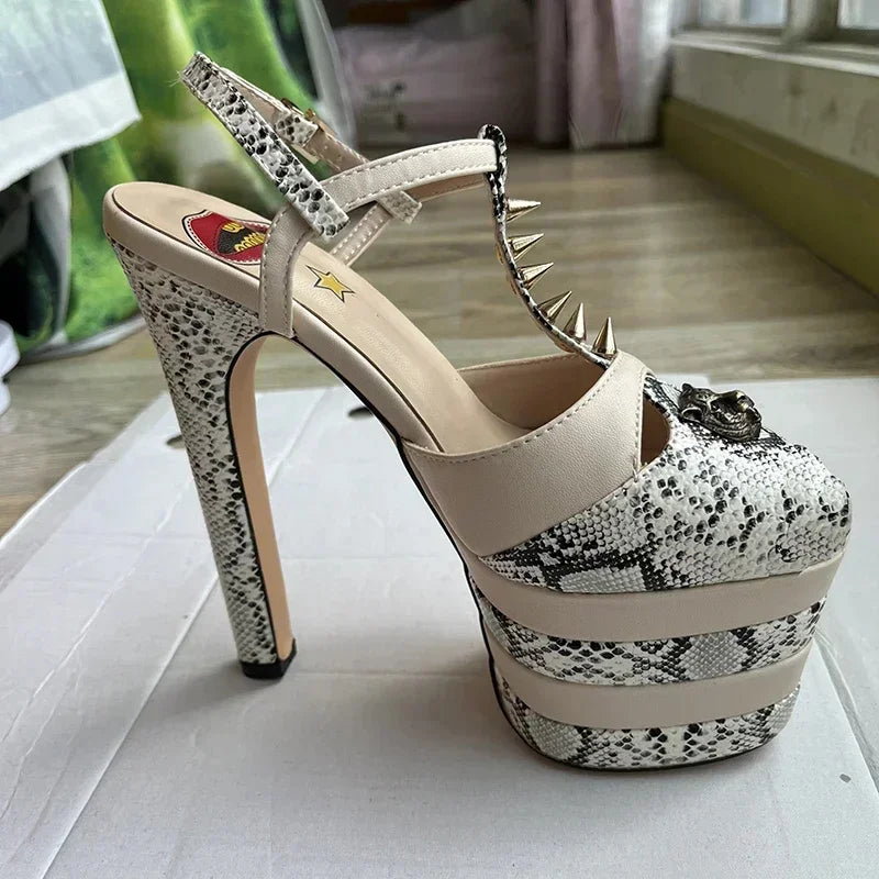 2026 Women's Round Head Sandals Thin Heels 5cm Thick Bottom Slope Heel Fish Mouth Rivet Sandal T-Platform Sandals Size34-43