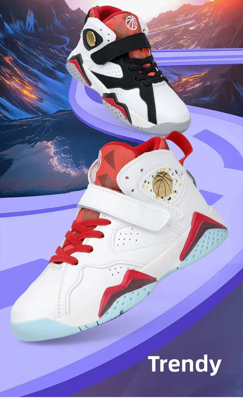 Children Summer High Top Basketball Shoes Boy Breathable Anti Slip Casual Sneakers Man Velcro Non Slip Rebound Kid Running Shoes