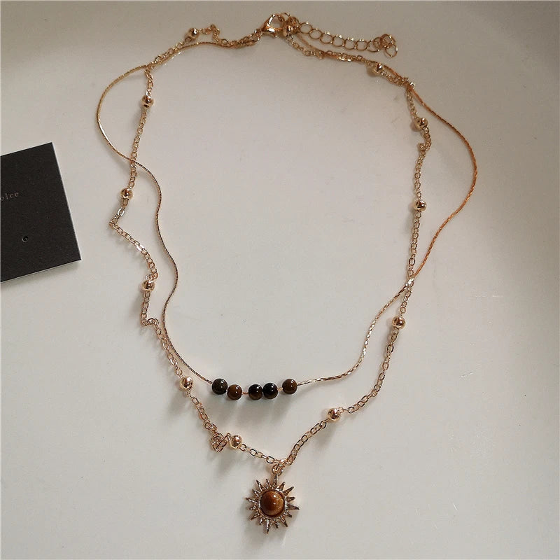 Vintage Leather Brown Stone Sun Pendant Beaded Choker Clavicle Chain Necklace For Women Unique Y2K Personalized Grunge Jewelry