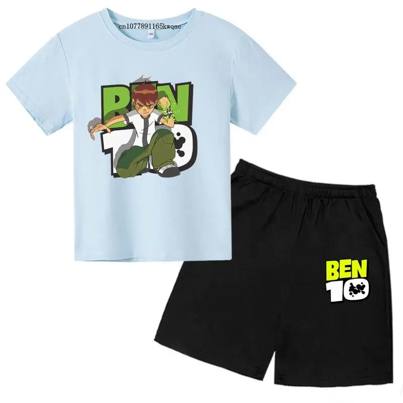 Kids Cartoon Ben Tennyson 10 Print Summer 2pcs Breathable Tees+Shorts Sports Suits 2-13Years Boys Girls Outfits Children Clothes