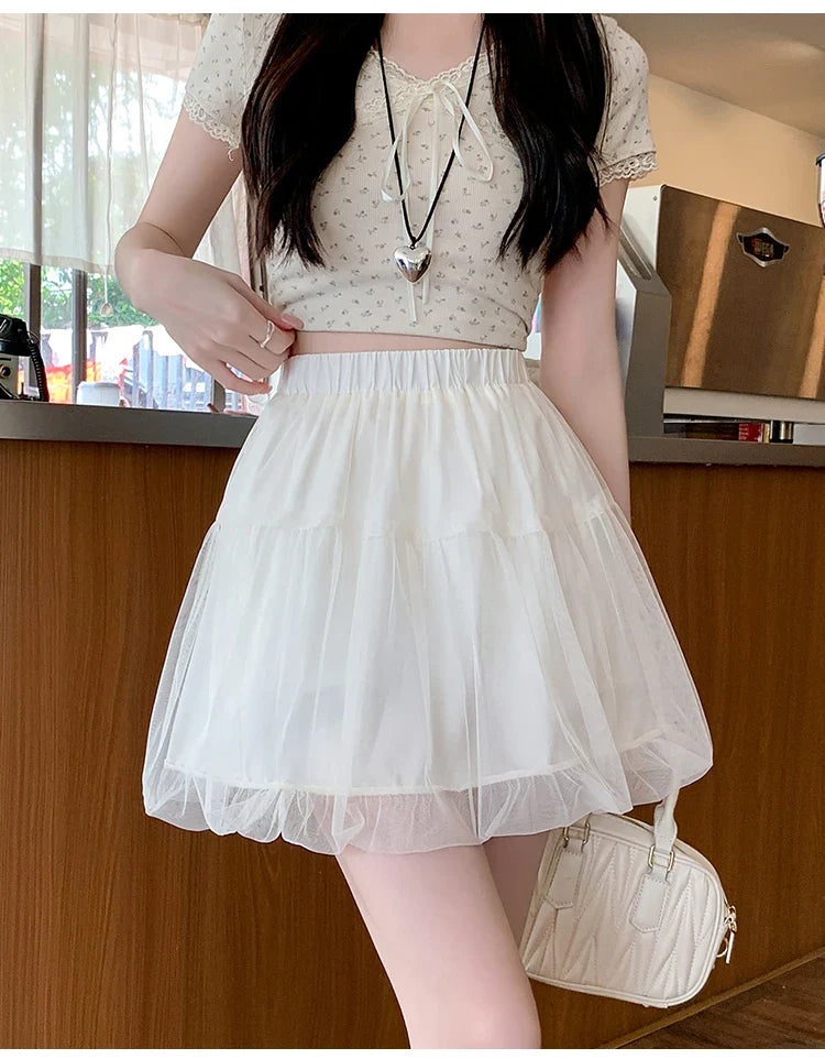 Women Summer 2026 A-Line Mini Skirt Pleated Puffy Short Skirt Korean Fashion Style Flower Bud Skirt Sweet Streetwear Y2k