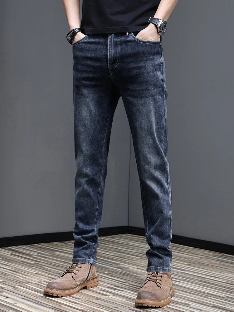 Men's New Stylish Embroidered Back Pocket Slim Fit Stretchy Jeans European Style Versatile Long Trousers