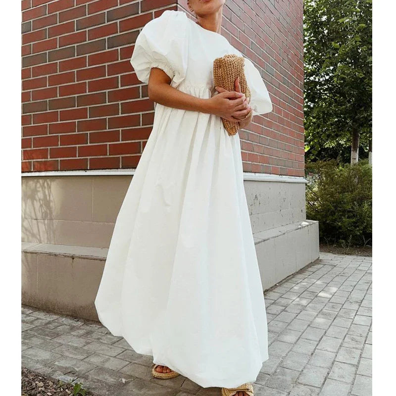 2026 Women Summer Puff Sleeve Bohemain White Long Dress High Waist Loose Style Cotton Boho Maxi Dress Vestidos Clothes