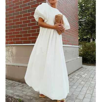 2026 Women Summer Puff Sleeve Bohemain White Long Dress High Waist Loose Style Cotton Boho Maxi Dress Vestidos Clothes