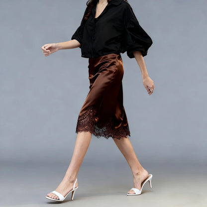Women Satin Half Slip Skirts Lace Trim Elastic Waist Midi Skirt Elegant Silky Bodycon Knee Length Underskirts