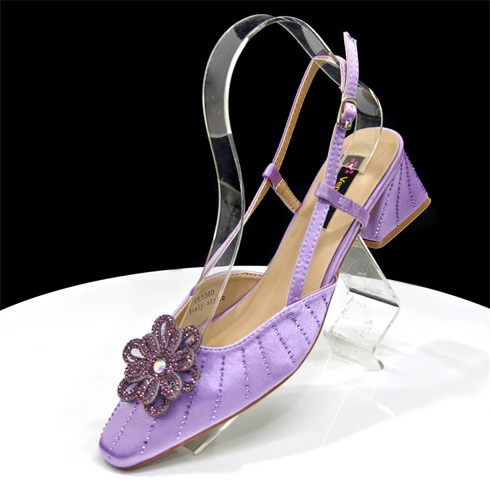 Elegant Italian Women's Blue Color Rhinestone Heels with Floral Design & Matching Clutch Bag Set - Perfect for Parties