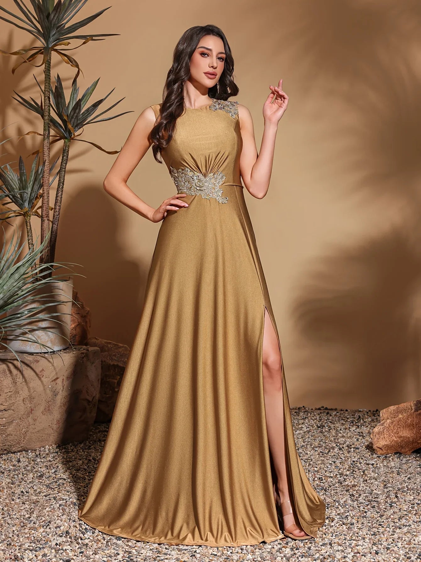 Asymmetrical applique sleeveless round neck slit back floor-length gown, women's long dress, party dress