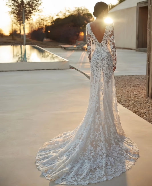 Customzie Sexy wedding dress Lace Semi-transparent long-sleeved Mermaid Wedding dress vestidos de novia