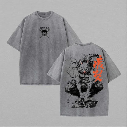 Japanese Anime Demon Slayer Inosuke Print Washed T-shirts Men's Women's Pure Clothing Harajuku Y2K Streetwear Cotton Sportswear