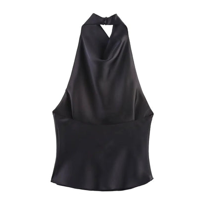 Sexy Chic Butter Yellow Satin Tops Women Halter Backless Beach Holiday Party Top Fashion 2025 New Year Evening Satin Top