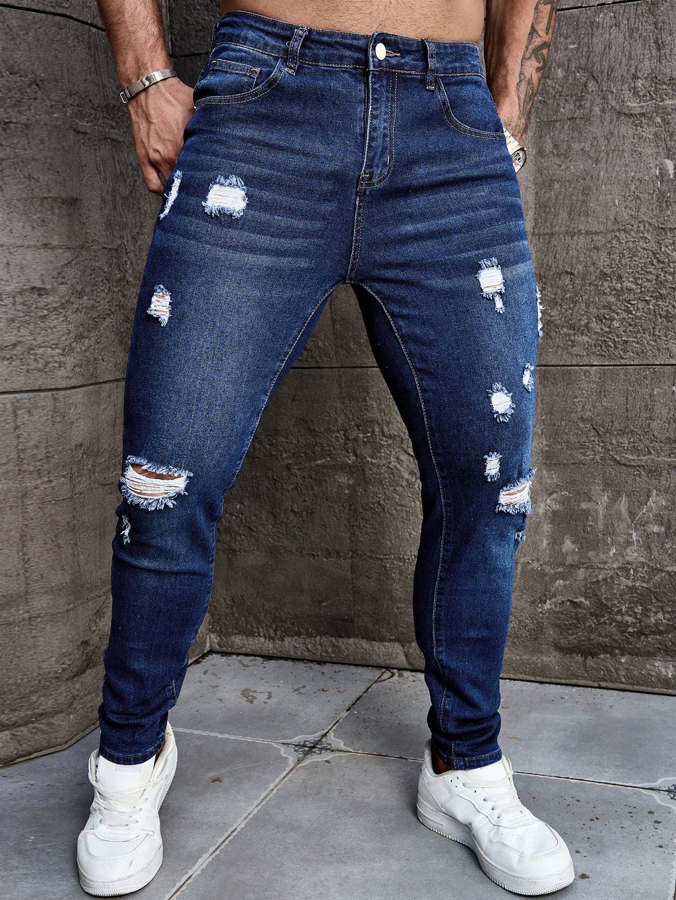 Men's Deep Blue Skinny Fit Ripped Stretch Denim Jeans Versatile and Easy Match Men's Pants Elastane Fabric Everyday Wear