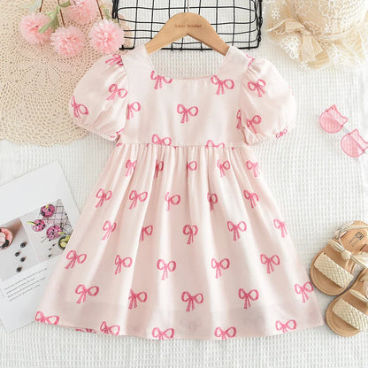 Pink Dreamy Sweet Girl Fairy Princess Dress Sleeveless Bow Decoration Mesh Lace Children's Casual Clothes Birthday Party Summer