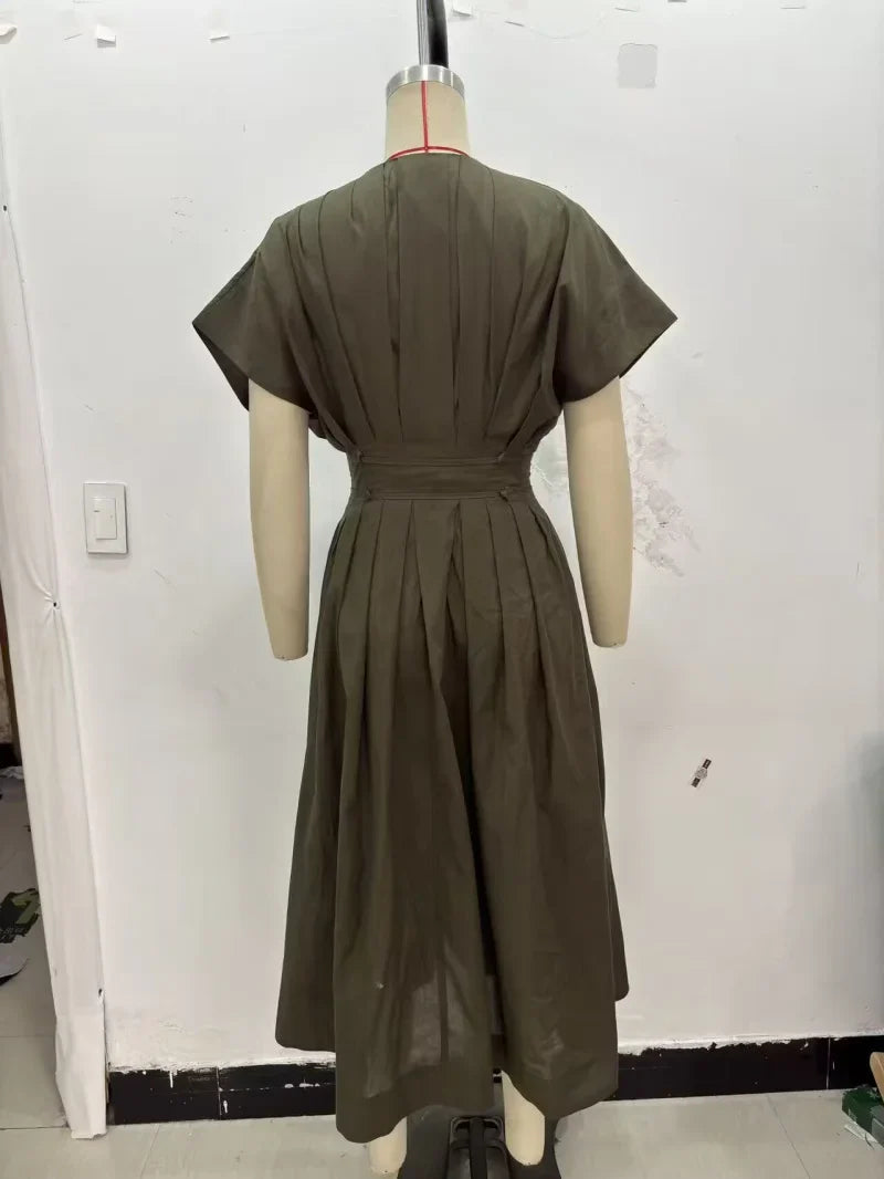 Summer 2025  women's elegant party dress Vintage V-neck fashion pleated lace-up MIDI poplin dress