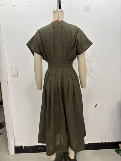 Summer 2025  women's elegant party dress Vintage V-neck fashion pleated lace-up MIDI poplin dress