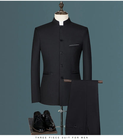 Suit (Blazer+ Vest + Pants) Men's Fashion Gentleman Business Outdoor Standing Collar Gentleman Wedding Work Casual MAO Suit