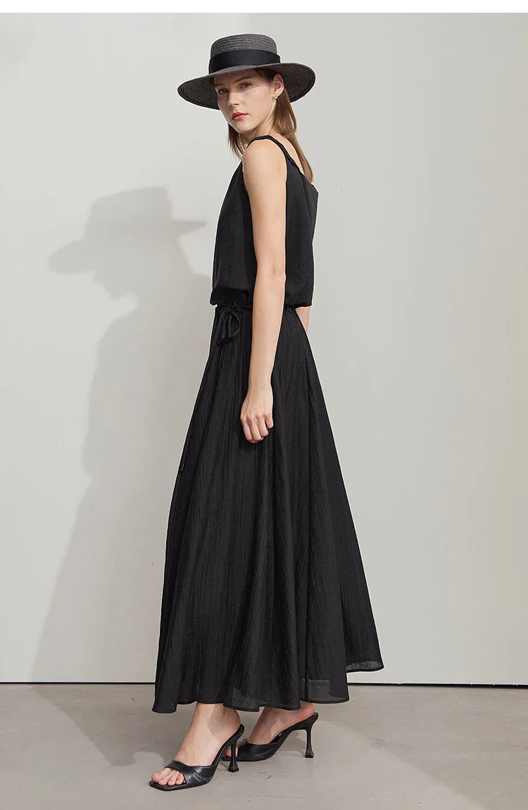 Minimalist New Summer Knee Length A-line Skirt Women Adjustable Drawstring Solid Color Commuting Style Loose Skirt 12522025