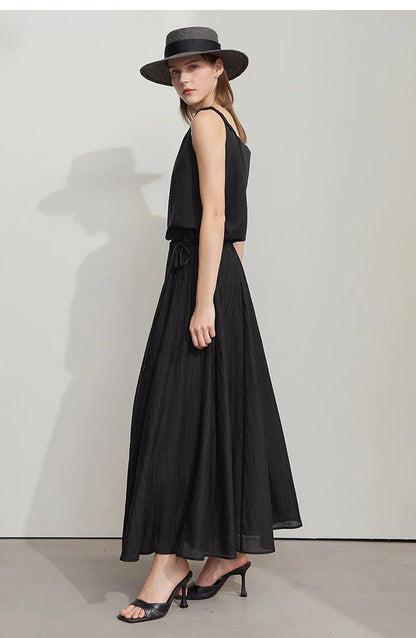 Minimalist New Summer Knee Length A-line Skirt Women Adjustable Drawstring Solid Color Commuting Style Loose Skirt 12522025