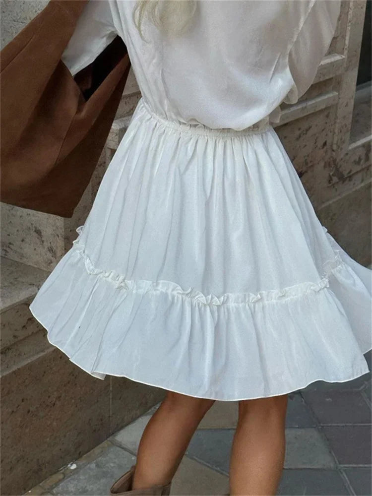 White Ruffle Bandage Mini Dress Women's Elegant Patchwork Long Sleeve Dress New Slim V Neck Lace Up Summer Mini Dress