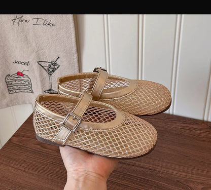Toddler Girls Mesh Ballet Flats 2026 New Summer Ankle Strap Sandals Non-slip Simple Princess Outdoor Beach Sandals Metallic Gold