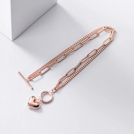 100% 925 Sterling Silver Sweet Hearts Chain Link Two Layer Classic Basis Bracelet Bangle for Women Fashion Fine Jewelry