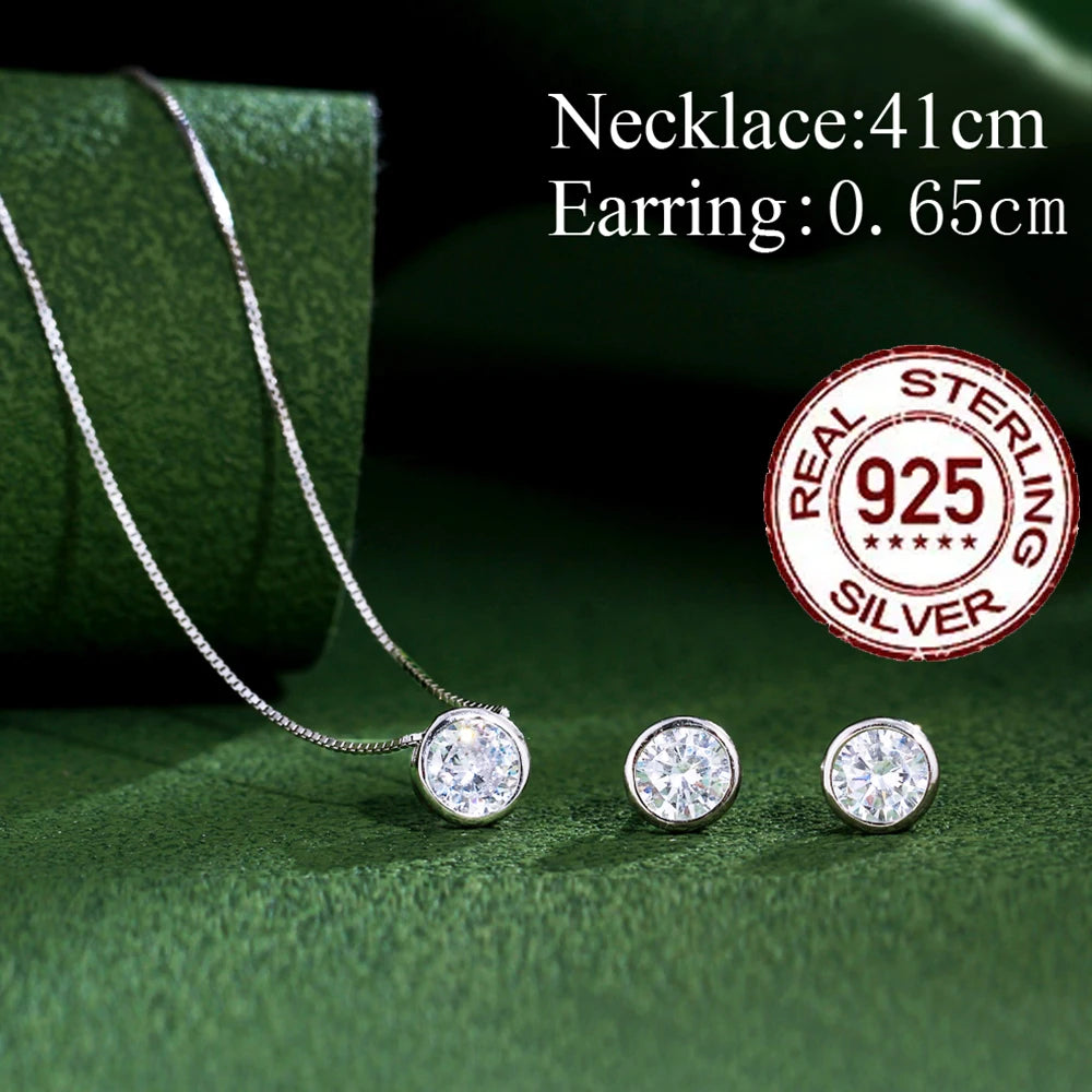 Conjunto de Joias em Prata Esterlina 925 Genuína, Colar Simples com Zircônia Cúbica Redonda Brilhante e Brincos para Mulheres, Casamento ST001