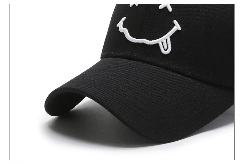 Women's Smiley Face Embroidery Baseball Caps Kpop Black Cotton Adjustable