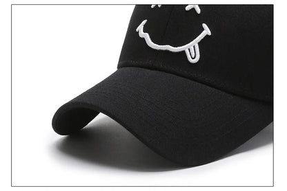 Women's Smiley Face Embroidery Baseball Caps Kpop Black Cotton Adjustable