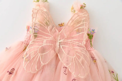 Girls Princess Dress with 3D Wings - Sparkle Tulle Sleeveless Gown, Fairy Puffy Party Dress for Birthday & Holiday