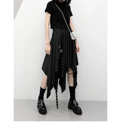 Irregular Skirt Girl's New Dark Tie Street Punk Wind Weave Buckle Medium-length Y2k Gothic Long Skirt