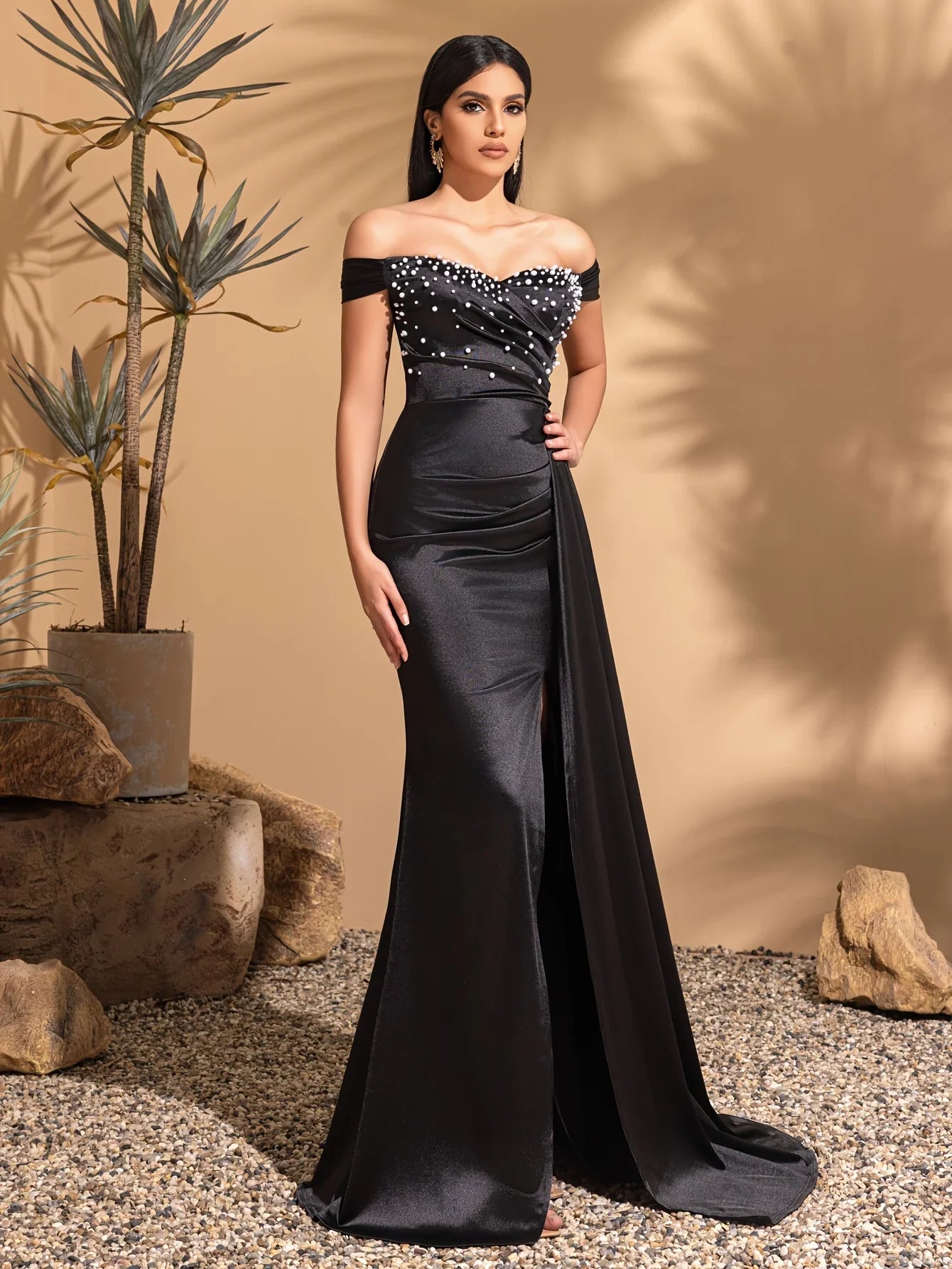 One-shoulder pearl decoration, pleated side ribbon satin skirt slit dress