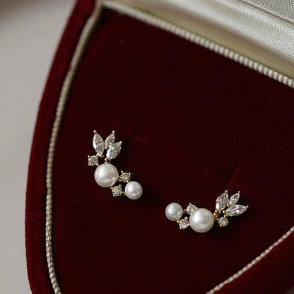 Graceful Gold Color/Silver Color Stud Earrings Lady Simulated Pearl Jewelry Chic Shiny Zirconia Accessories for Wedding