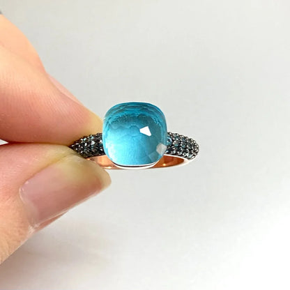 10.6mm Elegant Blue Topaz Zircon Ring Dual Tone Black Gun & Rose Gold 30 Colors Candy Crystal Jewelry Gift for Women