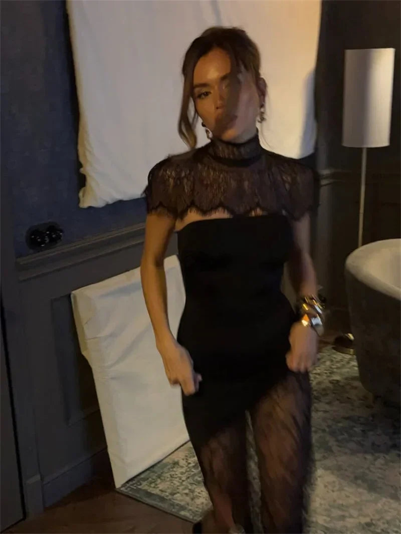 Lace Backless Sexy Mini Dress Women Gown Elegant See Through Turtleneck Sleeveless Bodycon Club Party Dresses Female