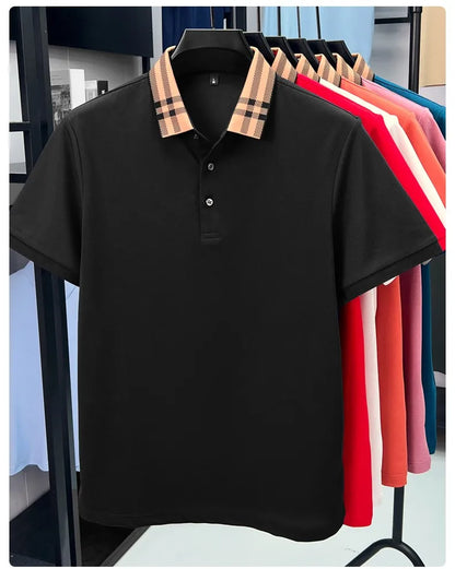 Fashion brand plaid lapel short sleeve polo shirt men summer new style simple solid color high-end business casual golf T-shirt