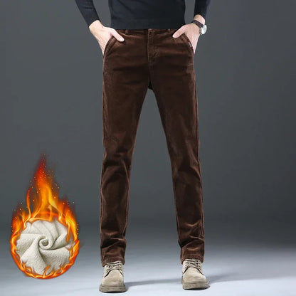 Fleece Winter Brand Men Clothing Corduroy Pants Warm Business Slim Velvet Korean Casual Trousers Male Plush Pants