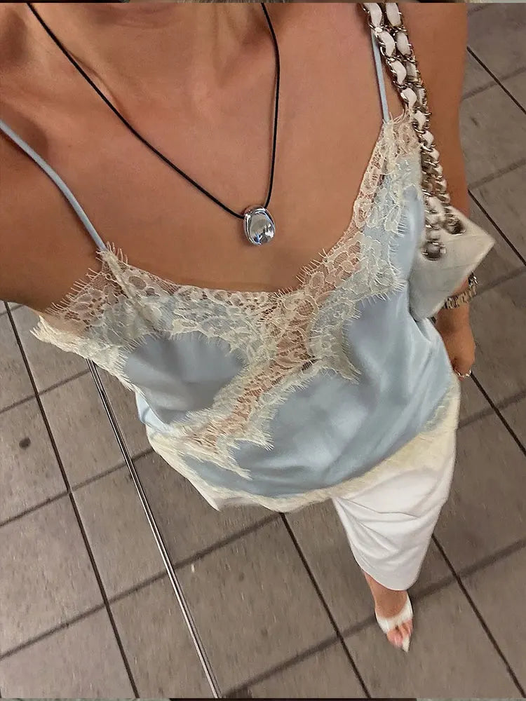 Women Fashion Asymmetric Lace Tops Sexy V Neck Short Camisole Tank Top Summer Lady Holiday Underwear Style Camis