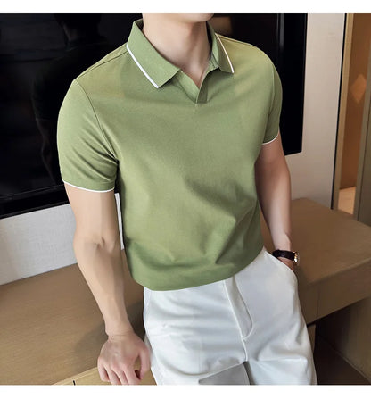 Business Casual Solid Color Men's Polo Shirt, 2024 Summer Classic, Men Short Sleeve V-neck T-shirt, Slim Fit Spliced Polo 4XL-M