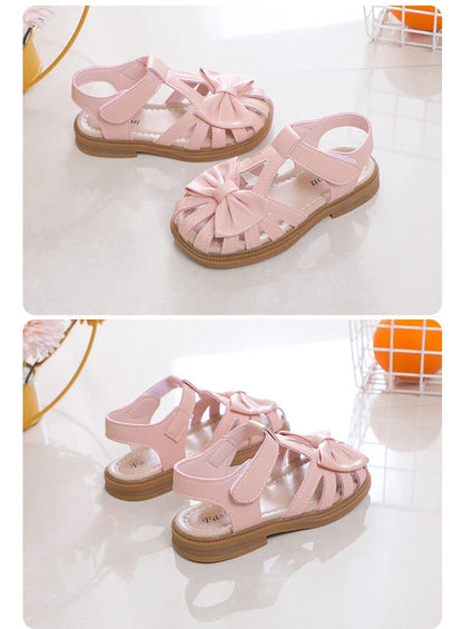 Cute Girls Sandals Bow Peep-toe 2023 New Soft Hook & Loop Beige Kids Princess Shoes Casual Shoes PU Cute Children Shoes Non-slip