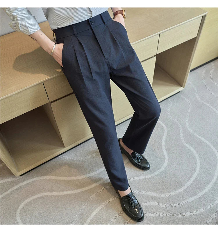 Men's Old Money Style Linen-Cotton Pleated Dress Pants – Lightweight, Semi-Elastic Waist & Wrinkle-Free for Summer