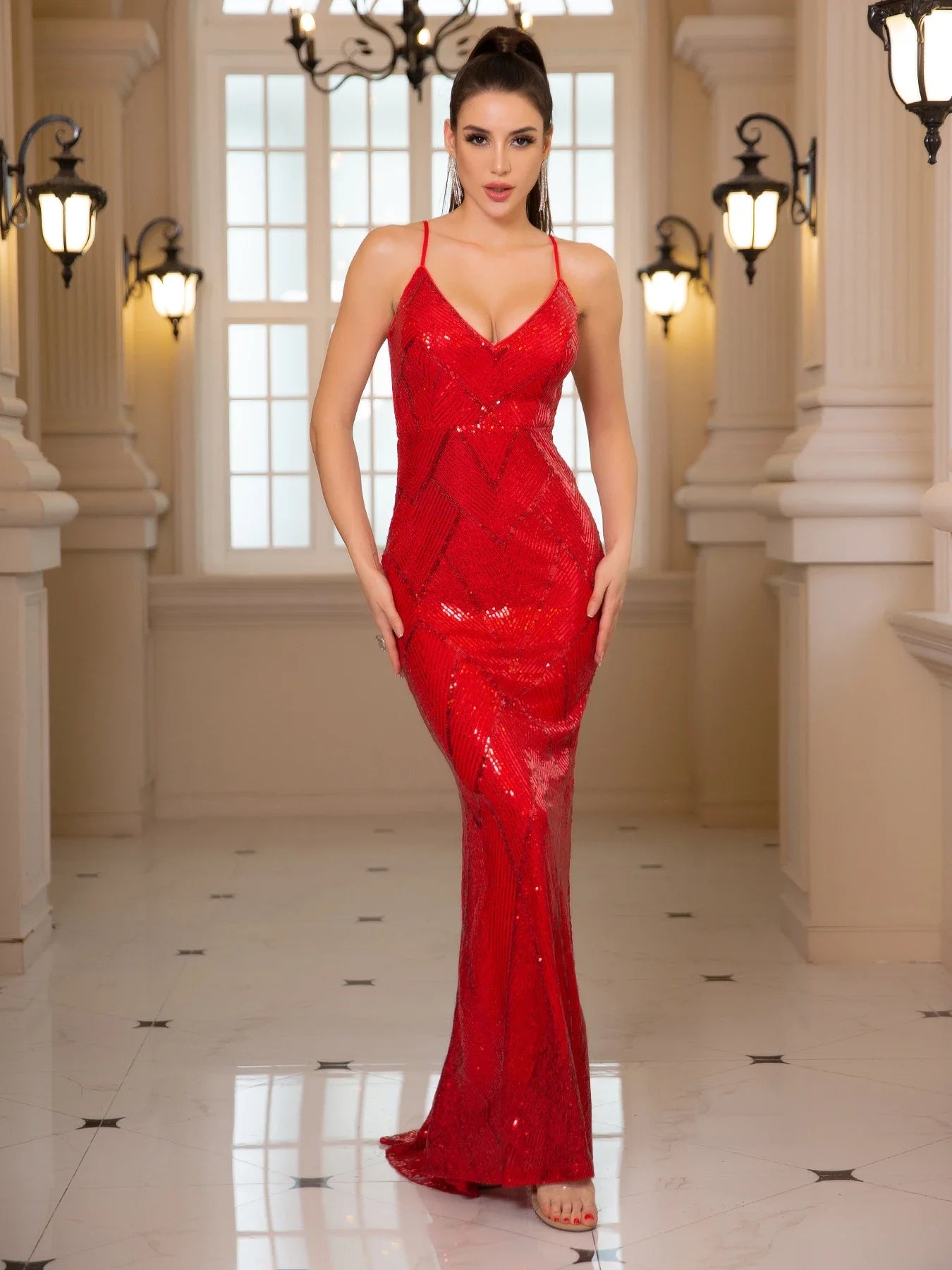 Backless Sleeveless Sequined Evening Dress Gold Red Slim V Neck Mermaid Prom Gown