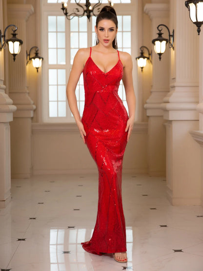 Backless Sleeveless Sequined Evening Dress Gold Red Slim V Neck Mermaid Prom Gown